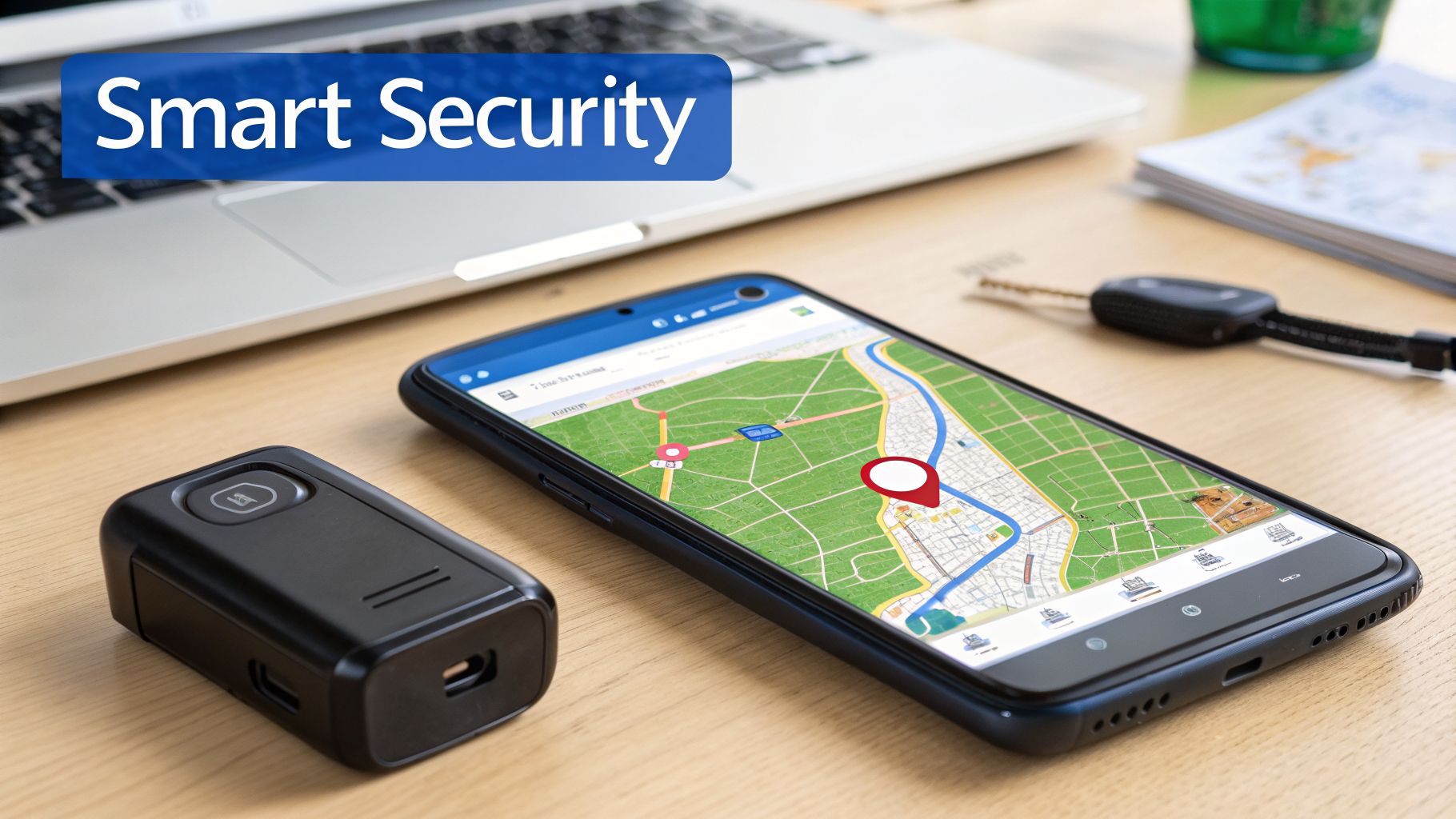 A smartphone displays a map with a location pin, beside a GPS tracker and car keys, illustrating smart security.