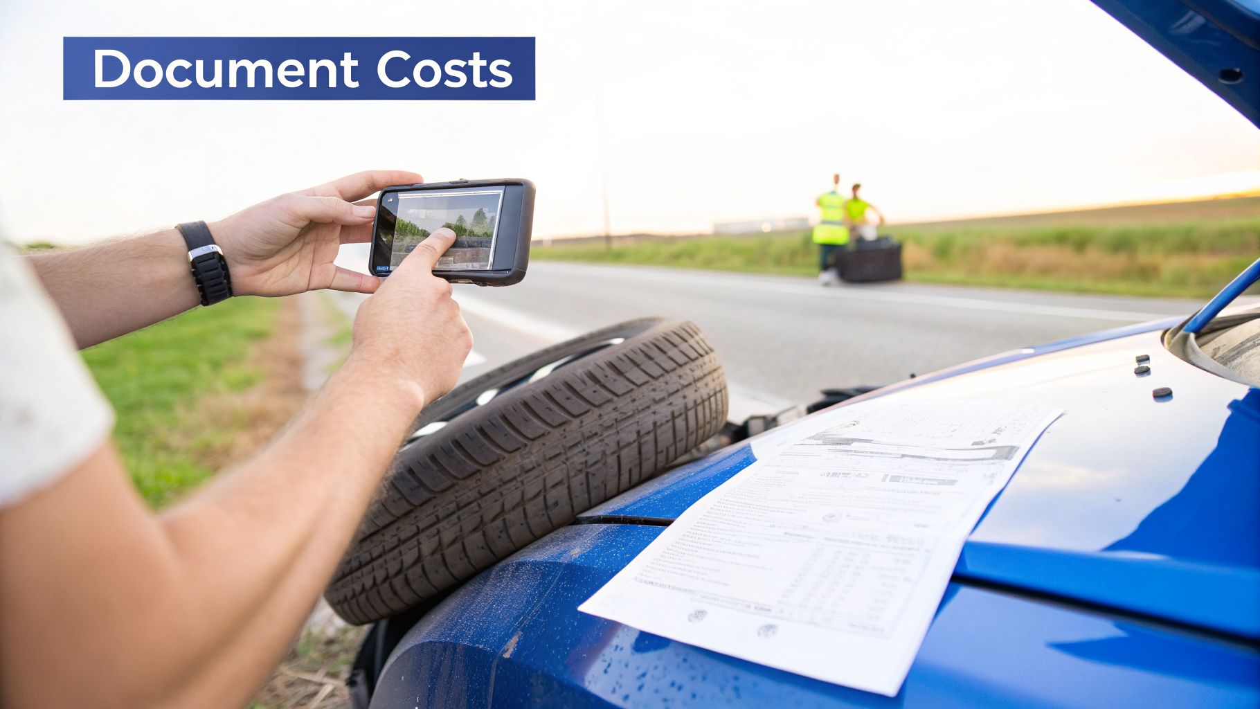 Person documenting a car accident scene with a smartphone, showing a flat tire, open hood, and papers.