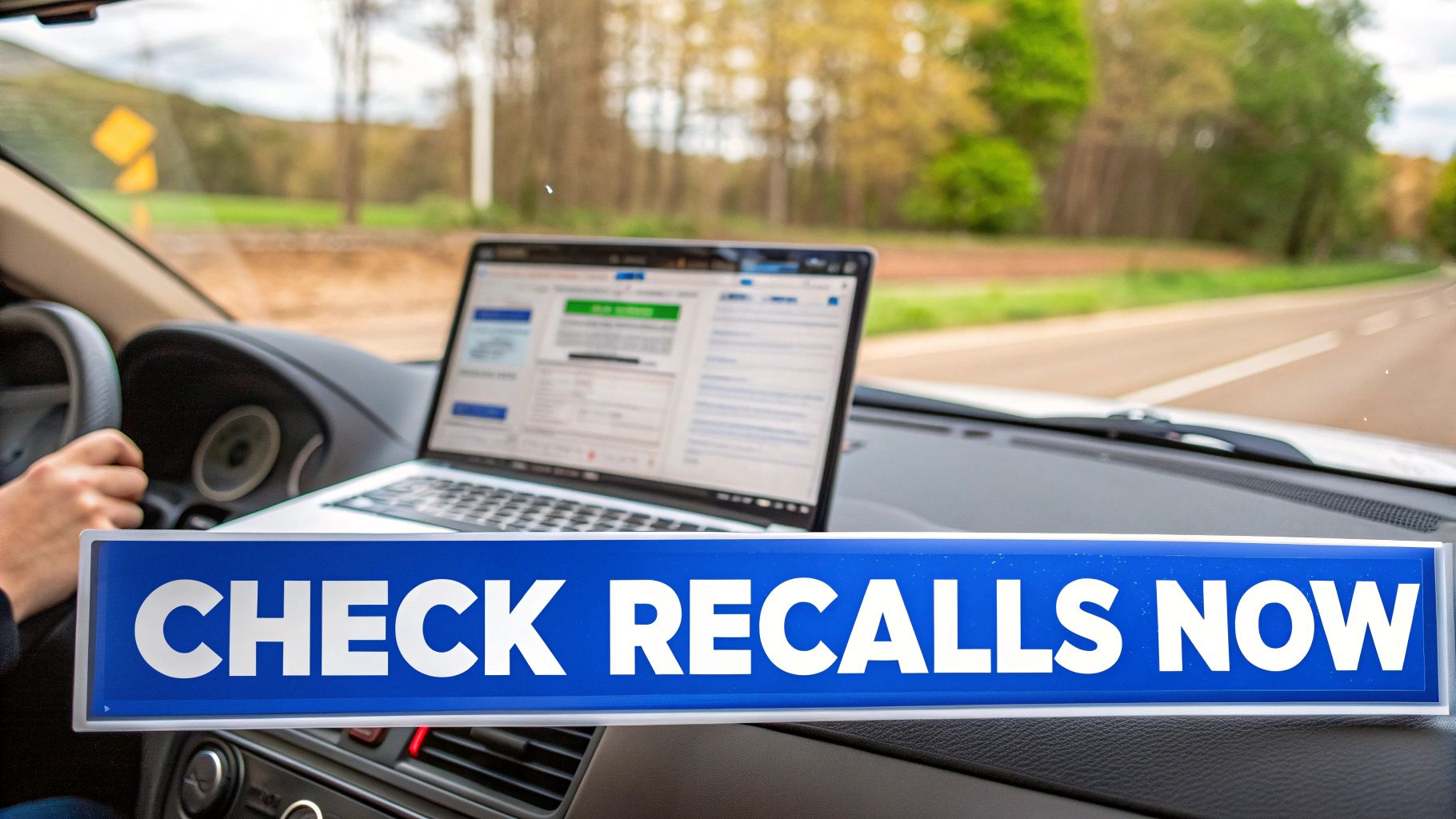 Dashboard view inside a car with a laptop and a prominent 'CHECK RECALLS NOW' sign.