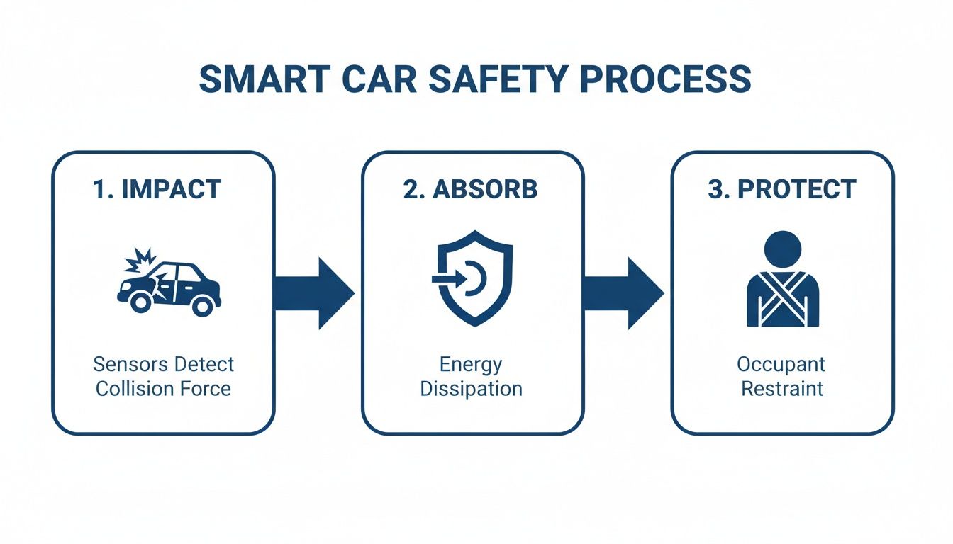 A diagram illustrating the three-step smart car safety process: impact detection, energy absorption, and occupant protection.