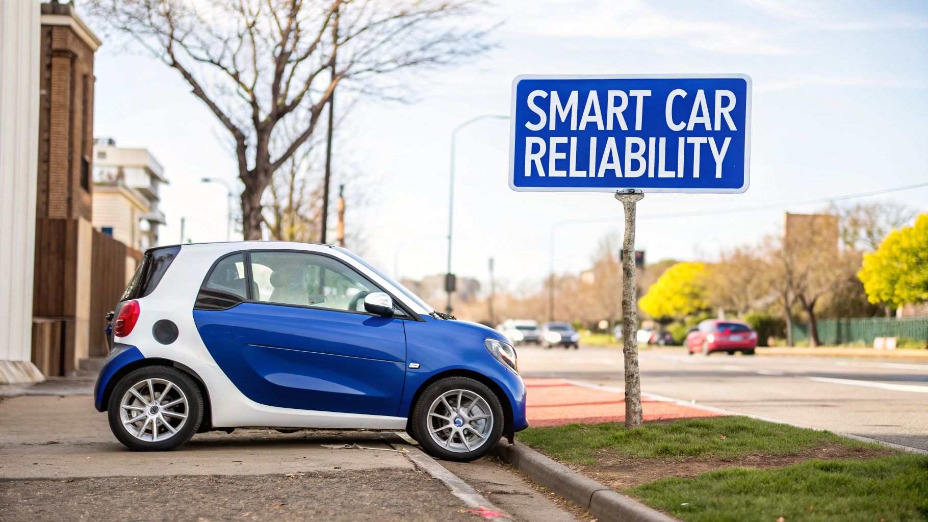 A blue and white Smart car parked beside a sign reading 'SMART CAR RELIABILITY' on a sunny street.