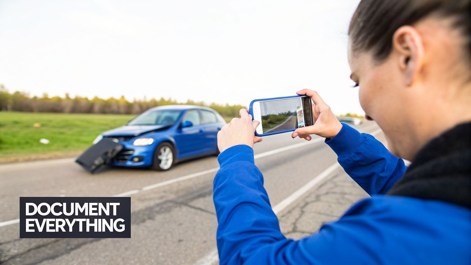 A person documents a blue car crash on the road using a smartphone, showing front-end damage.