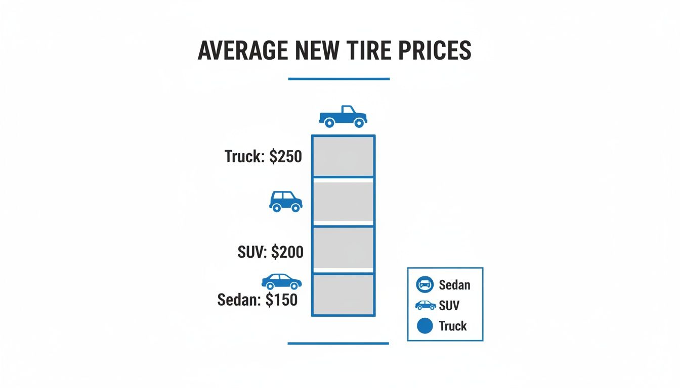 Bar chart illustrating average new tire prices: Truck ($250), SUV ($200), and Sedan ($150).