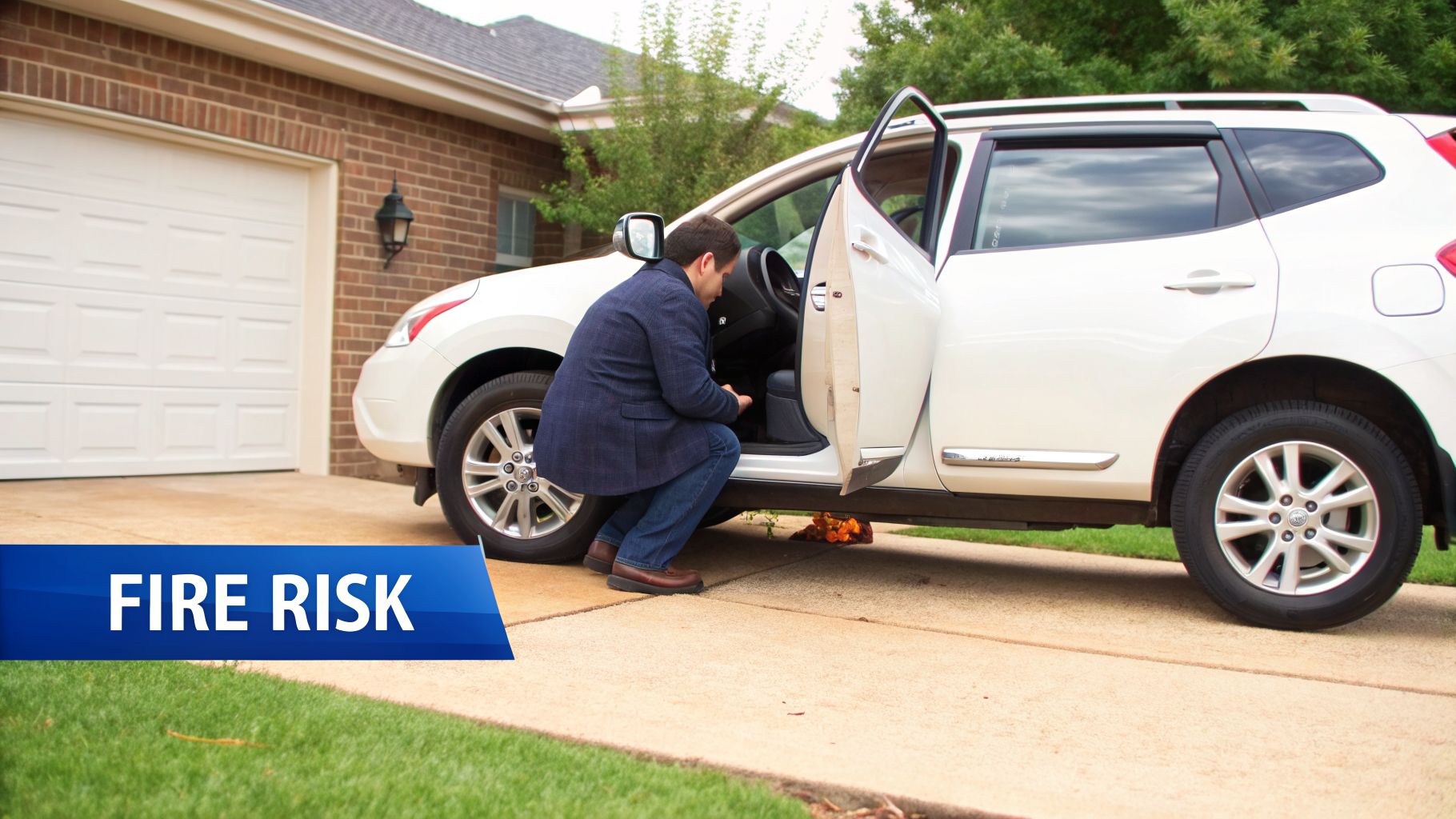 Man inspecting his white Nissan Rogue SUV, with dry leaves under the car, indicating a fire risk.