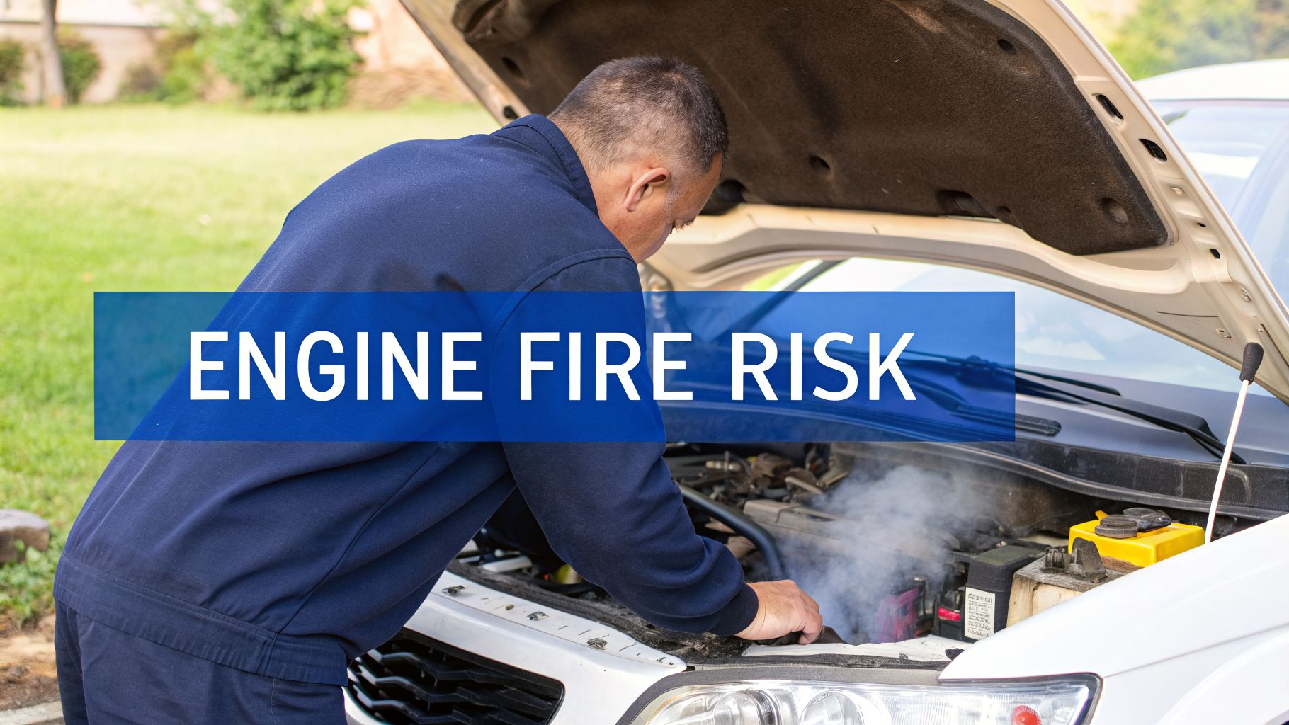 A man in a blue uniform inspects a smoking car engine under an open hood, with "ENGINE FIRE RISK" text.