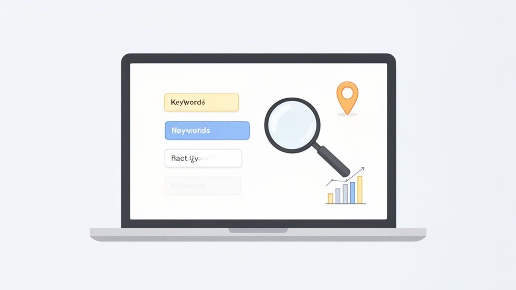 Een laptopscherm toont zoekwoordenvelden, een vergrootglas, een locatiepin en een staafdiagram, wat SEO-analyse en lokale zoekresultaten symboliseert.