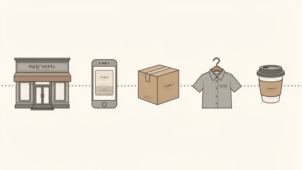 Een lijntekening van een winkel, smartphone, pakket, overhemd en koffiebeker, die een shoppingervaring voorstelt.
