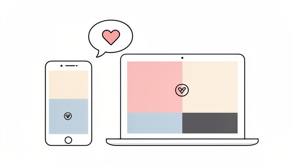 Een mobiele telefoon en laptop tonen kleurrijke schermen met hart-iconen, wat responsive design illustreert.