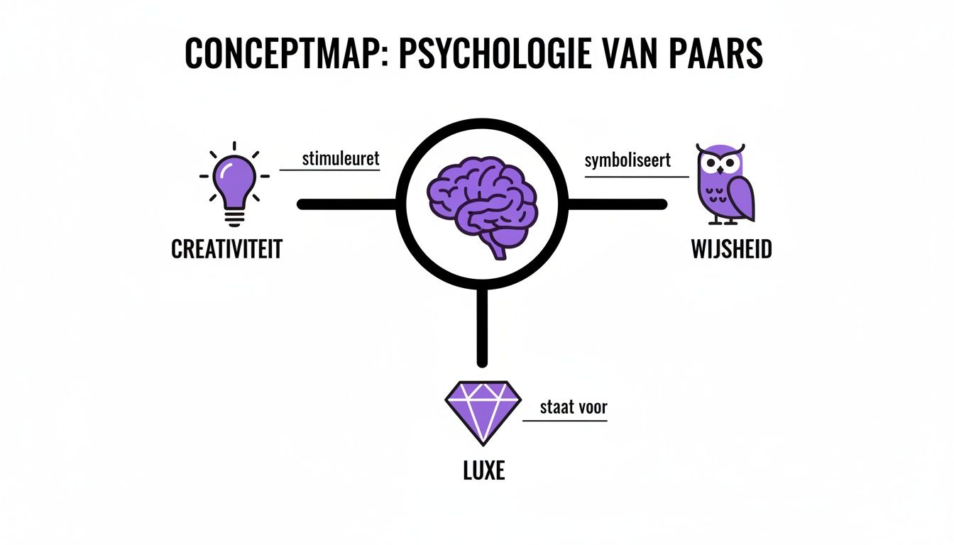 Conceptmap over de psychologie van paars, met verbindingen naar creativiteit, wijsheid en luxe.
