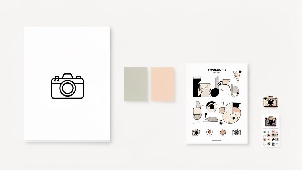 Een moodboard met een camera-icoon, abstract typografieontwerp, kleurstalen en kleine camera-illustraties.
