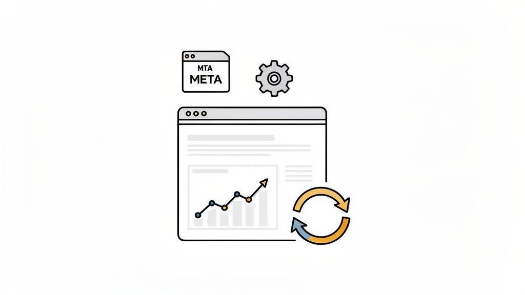 Pictogrammen voor SEO-optimalisatie: meta-informatie, instellingen, prestatieanalyse en continue verbetering.