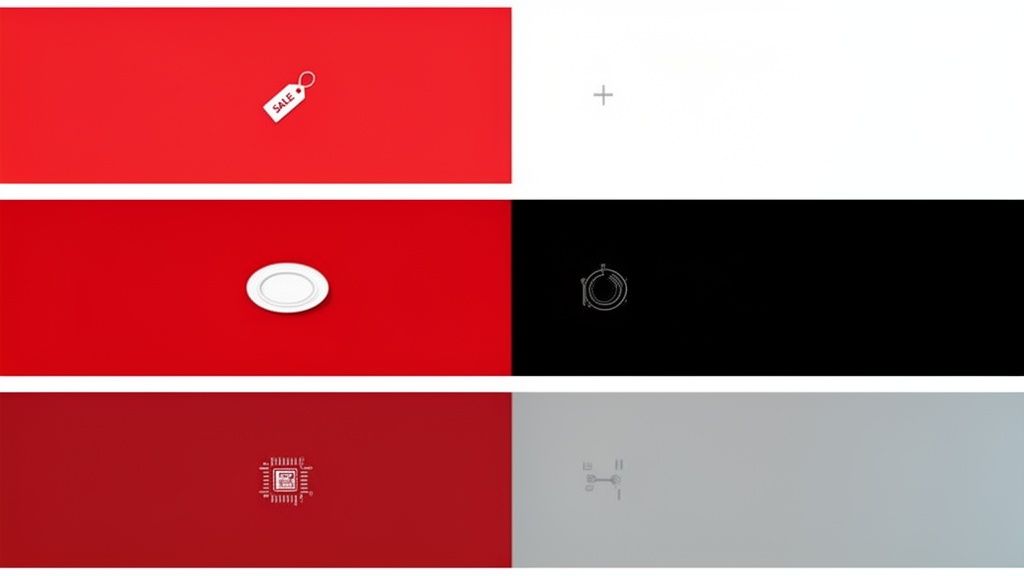 Zes panelen met minimalistische iconen op diverse gekleurde achtergronden, waaronder een sale-tag, bord, en computercircuit.