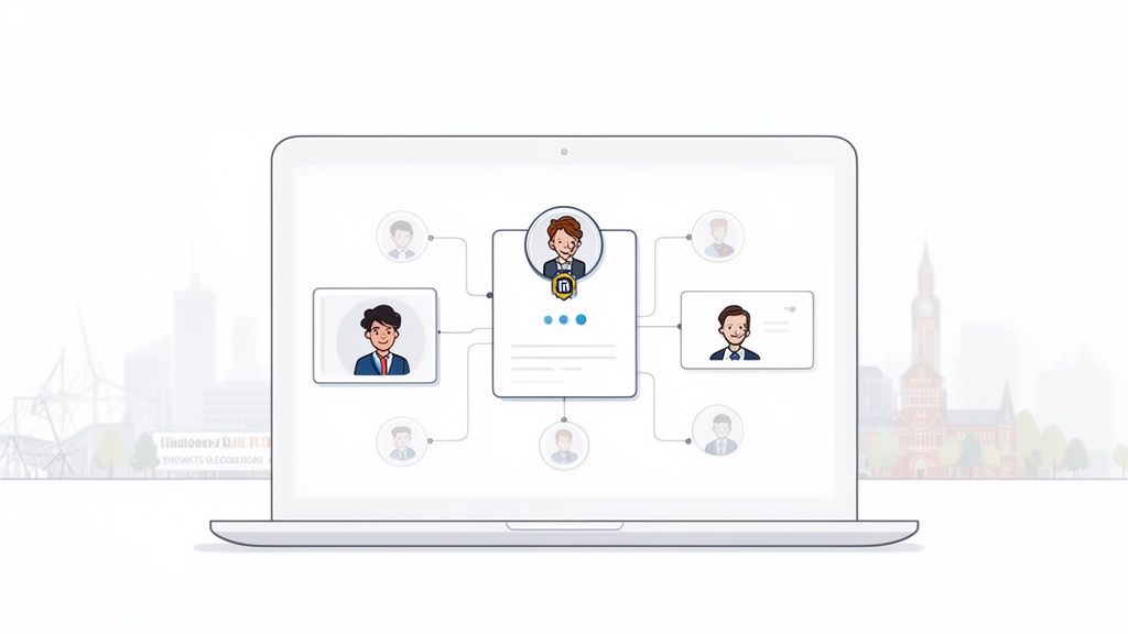 Een laptop toont een netwerk van professionele contacten, met een centrale figuur en meerdere verbonden profielen, wat B2B-leadgeneratie illustreert.
