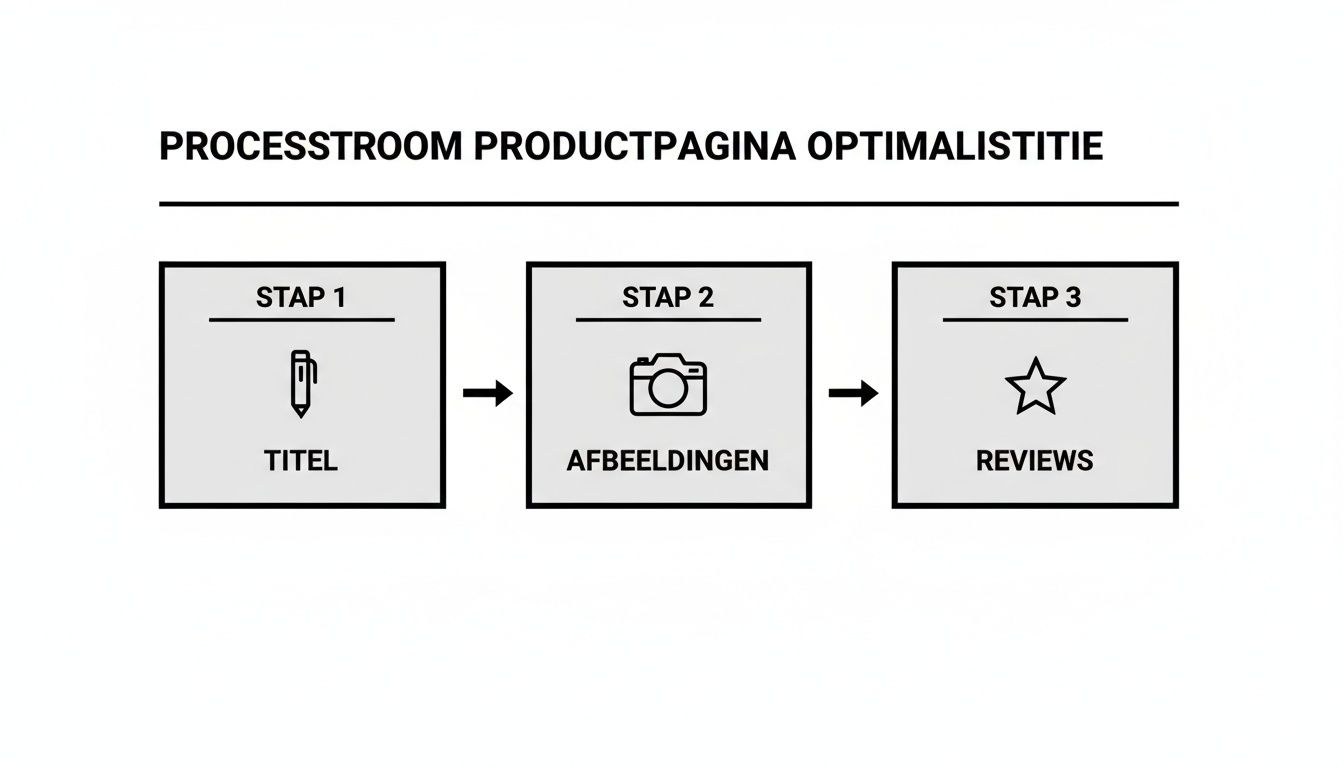 Stroomdiagram voor productpagina optimalisatie met stappen voor titel, afbeeldingen en reviews, inclusief bijbehorende iconen.