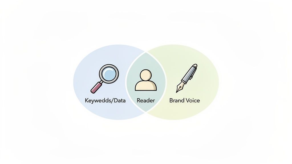 Een Venn-diagram met 'Keywedds/Data' en 'Brand Voice', die elkaar overlappen bij 'Reader', wat een contentstrategie voorstelt.