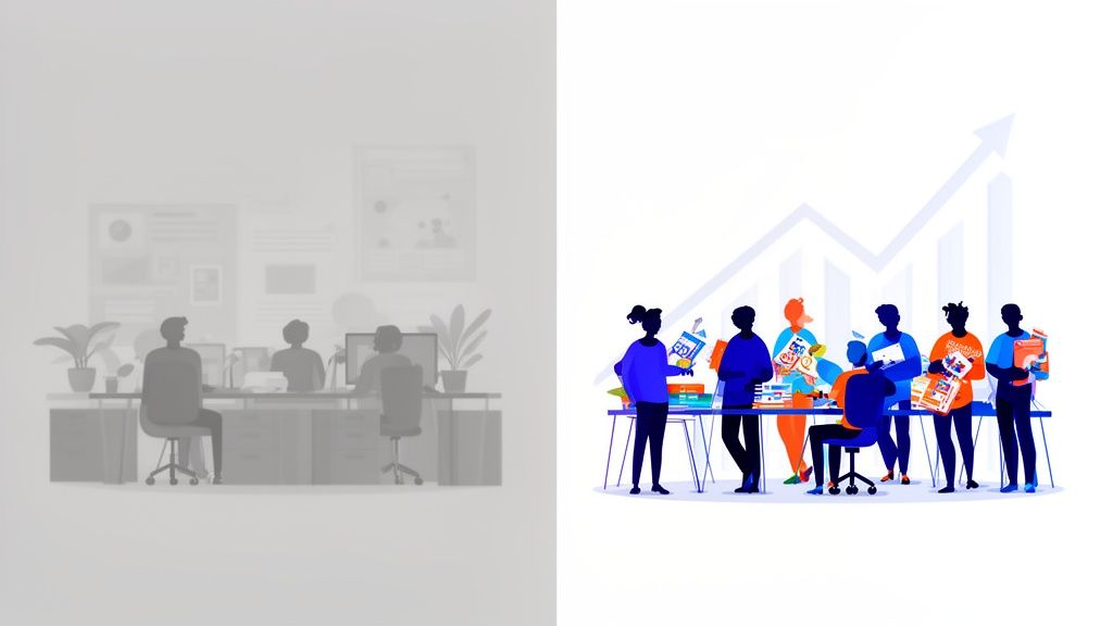 Twee illustraties: links een grijs kantoor met werkende mensen, rechts een kleurrijke groep die samenwerkt aan een project met groei.