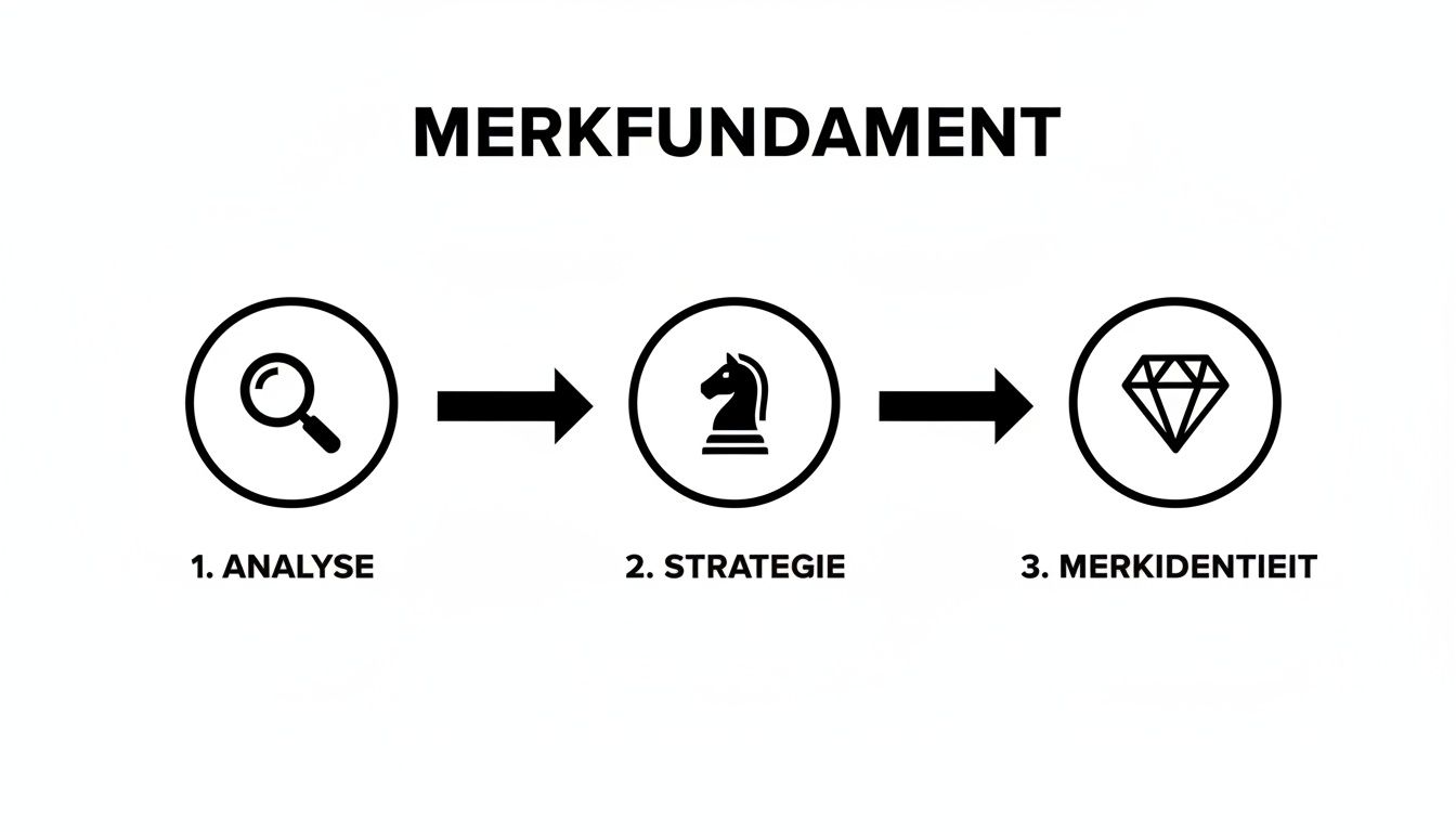 Een diagram over het merkfundament, bestaande uit analyse, strategie en merkidentiteit, met bijbehorende iconen en pijlen.