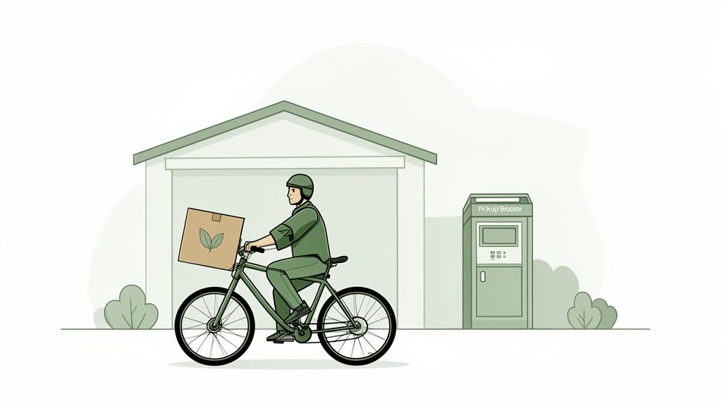 Een fietser bezorgt een pakket met bladlogo bij een afhaalpunt naast een garage.