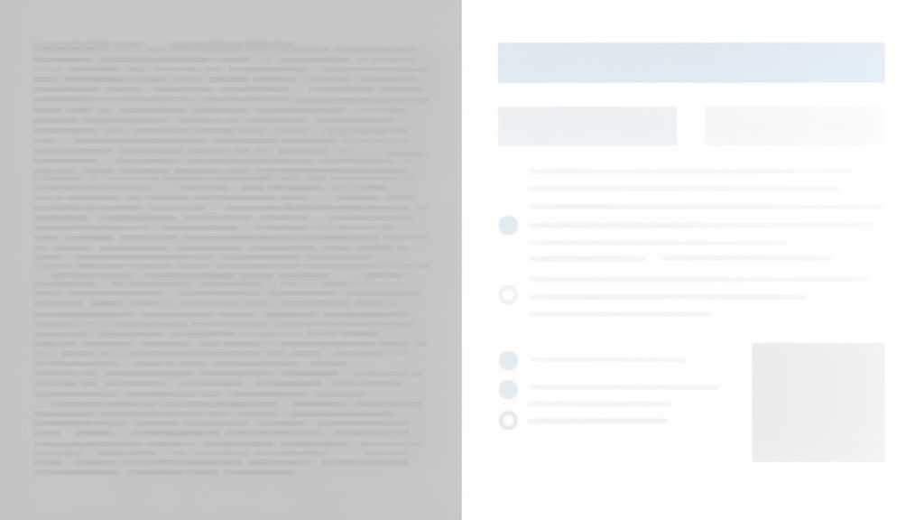 Een vergelijking tussen een document met lange tekst en een overzichtelijke webpagina met inhoud en lay-out elementen.