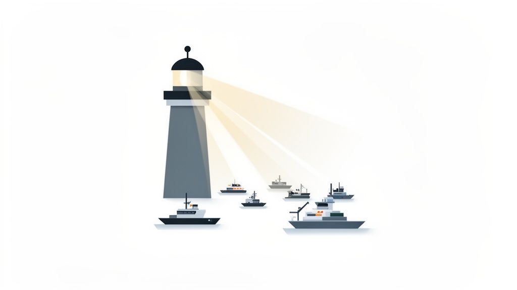 Illustratie van een vuurtoren die met zijn licht diverse schepen begeleidt op zee.