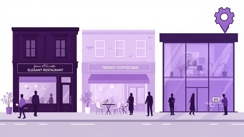 Een levendig straatbeeld met paarse gebouwen, waaronder een restaurant, koffiebar en kantoorgebouw, met mensen.