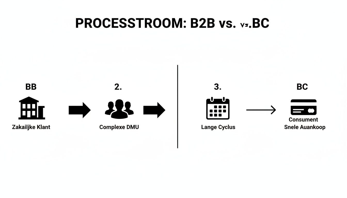 Diagram vergelijkt B2B en B2C processtromen, met zakelijke klant, complexe besluitvorming en consumentenaankoop.