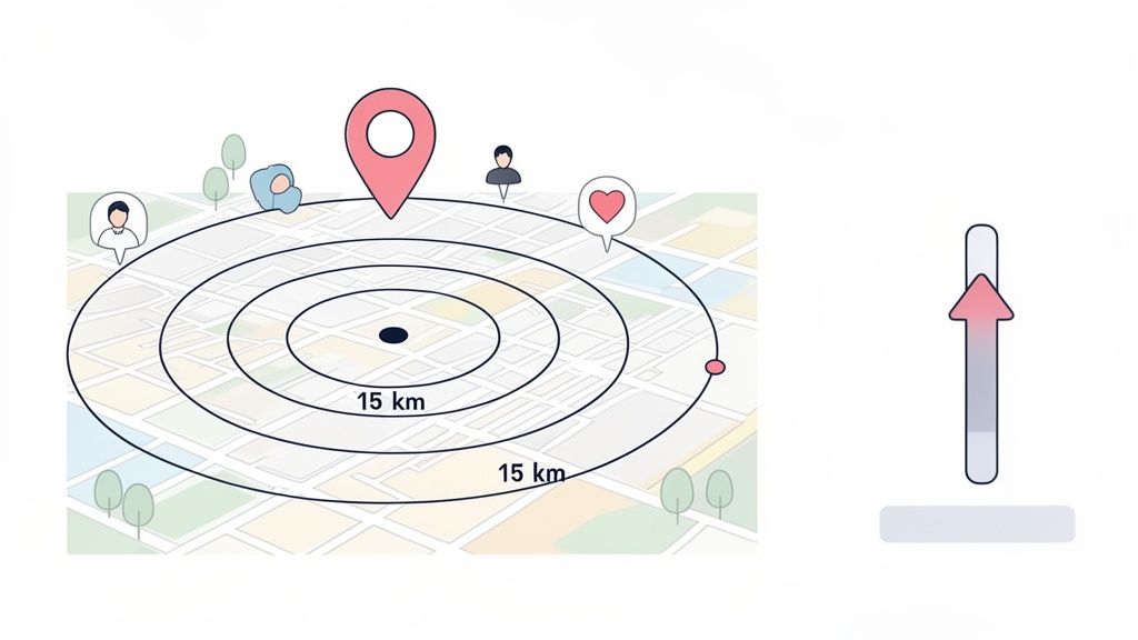 Een kaart met concentrische cirkels van 15 km, een rode locatiepin, en verschillende pictogrammen, naast een verticale schuifregelaar.
