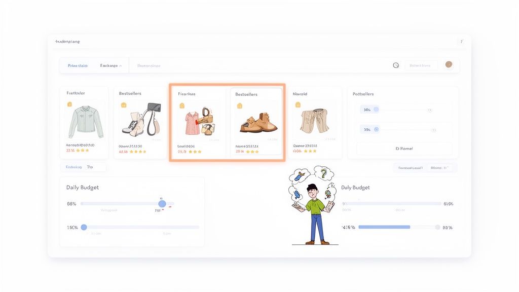Overzichtelijk dashboard voor het beheren van productadvertenties, inclusief dagelijkse budgetten en verkoopprestaties.