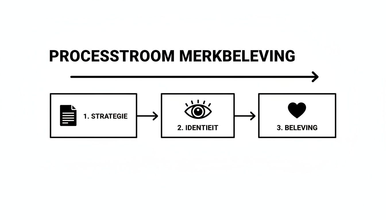 Een stroomschema van de merkbeleving, beginnend met strategie, dan identiteit, en eindigend met beleving.