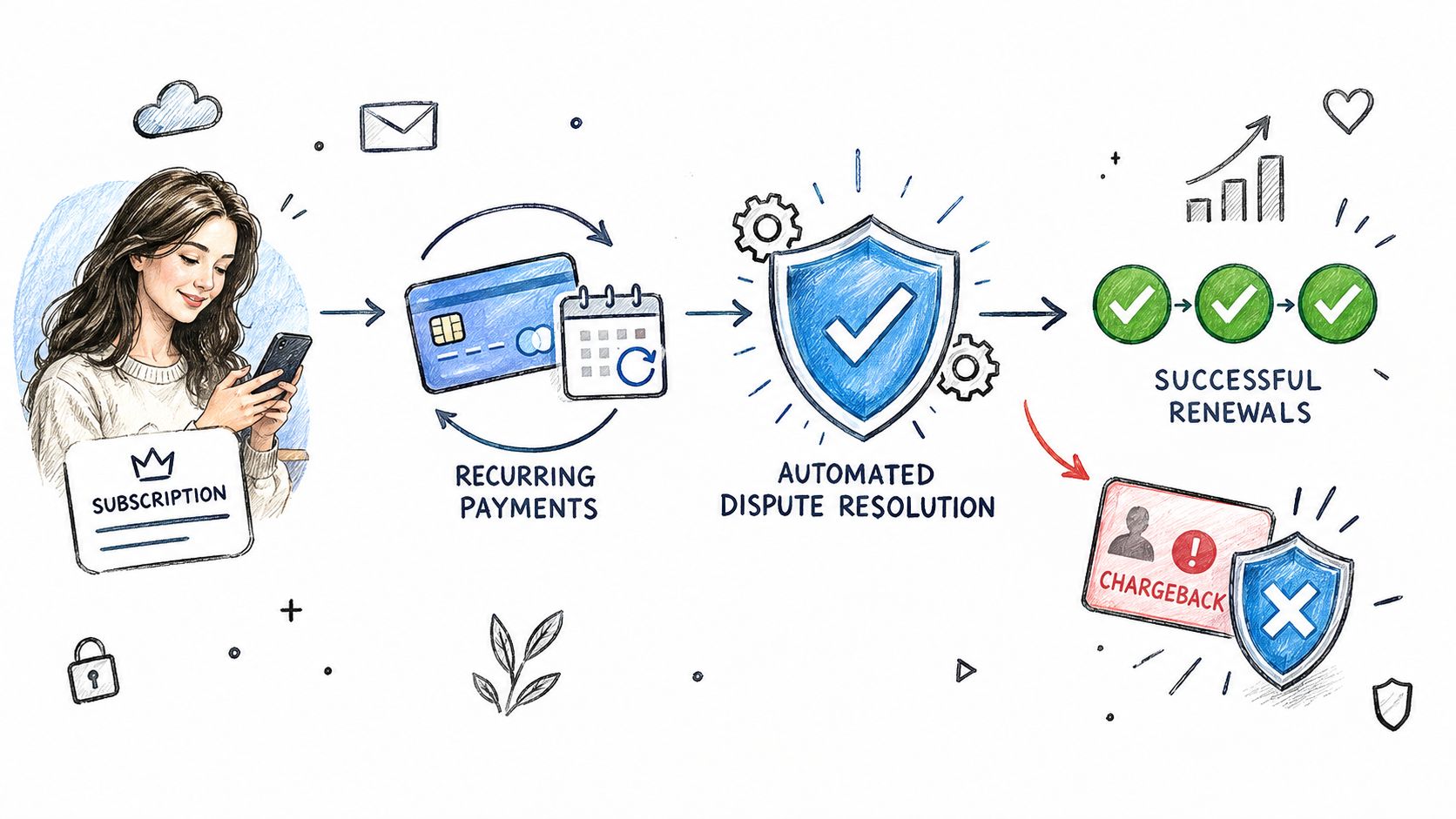 A diagram illustrating the automated process of managing subscription payments, recurring billing, and dispute resolution software.