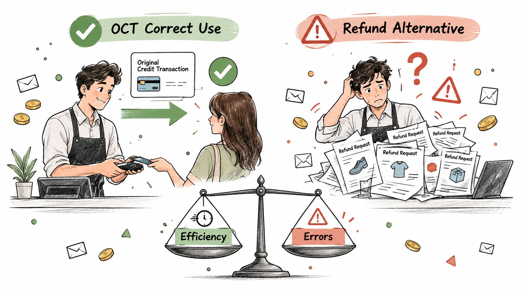 A split image comparing efficient original credit transactions with messy, error-prone manual refund request alternatives in business.