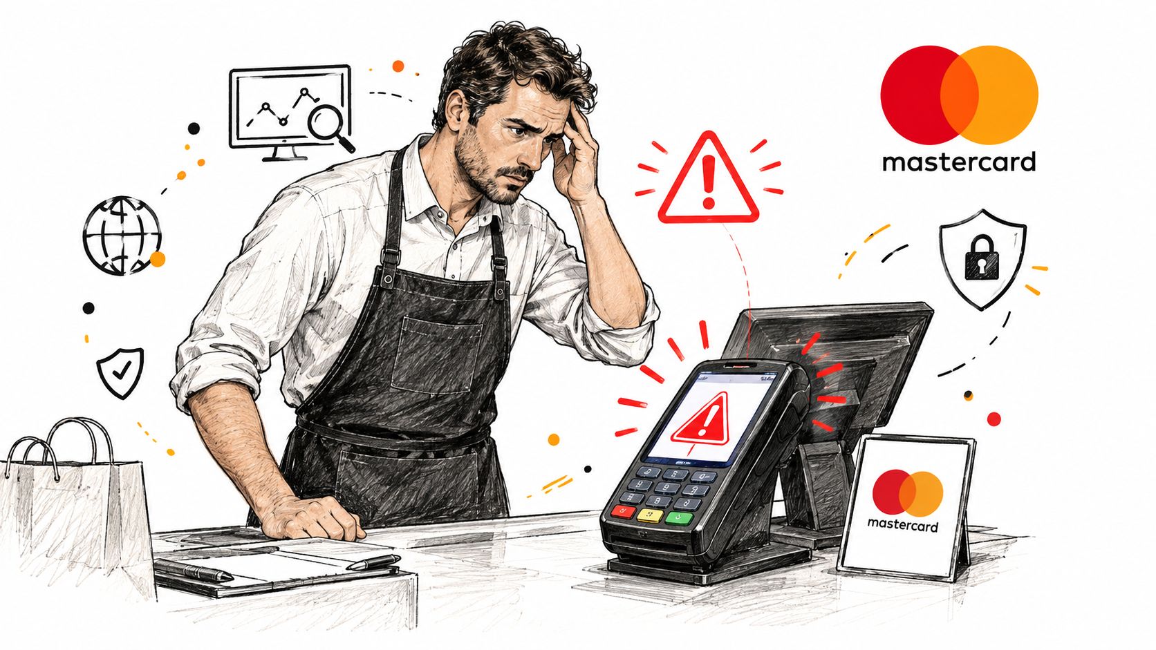 A concerned shop owner looking at a failing credit card terminal displaying a red warning error icon.