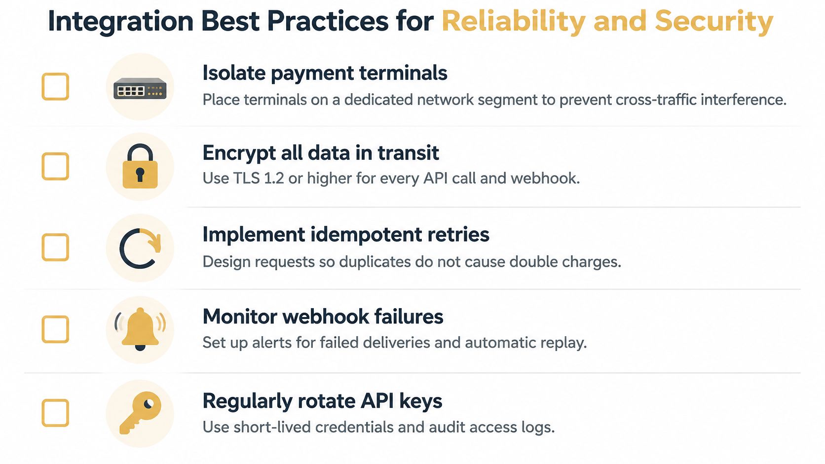 A checklist infographic outlining five essential security and reliability best practices for point of sale integrations.