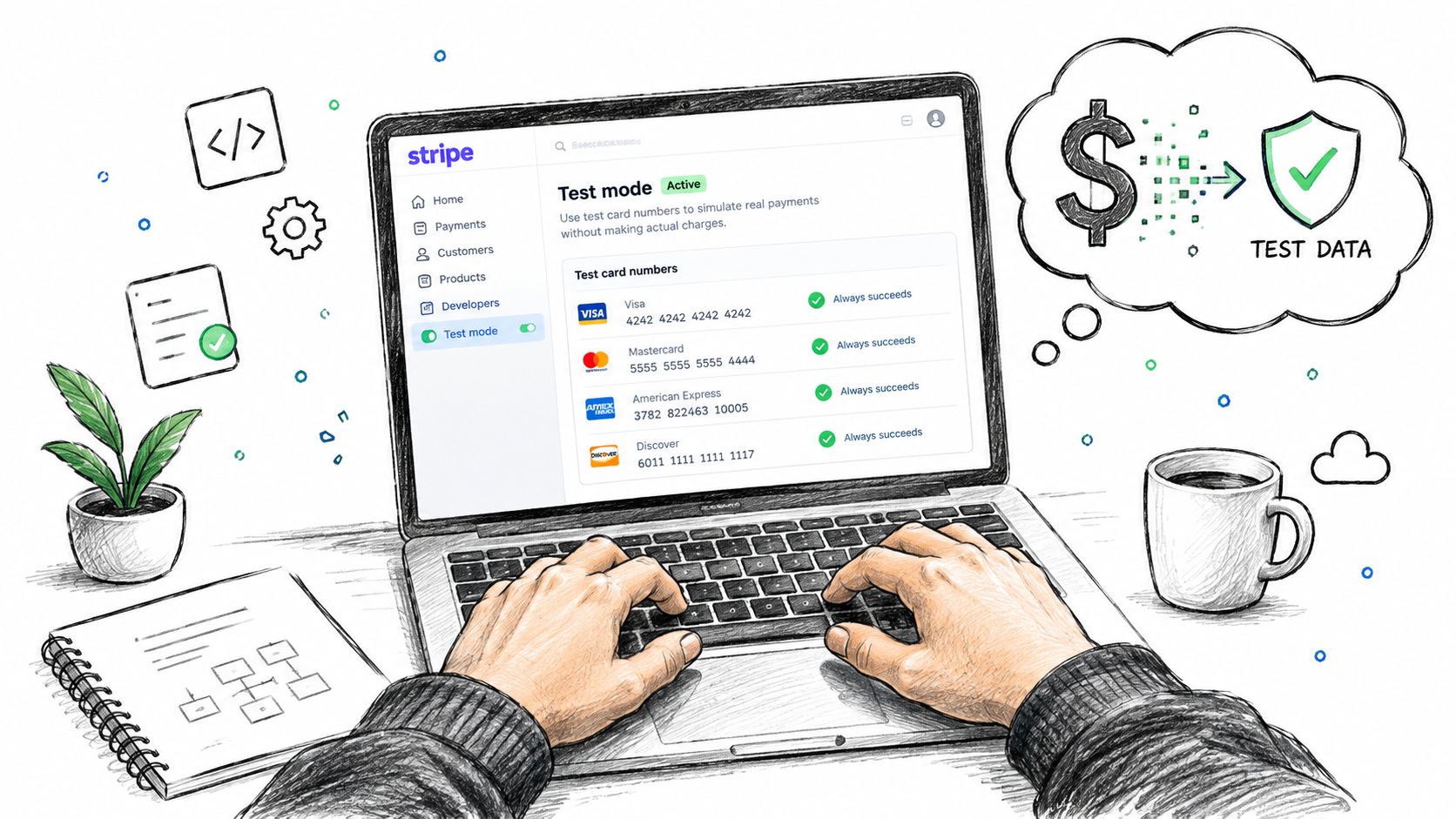 A person working on a laptop showcasing Stripe's test mode dashboard with various simulated payment card numbers.