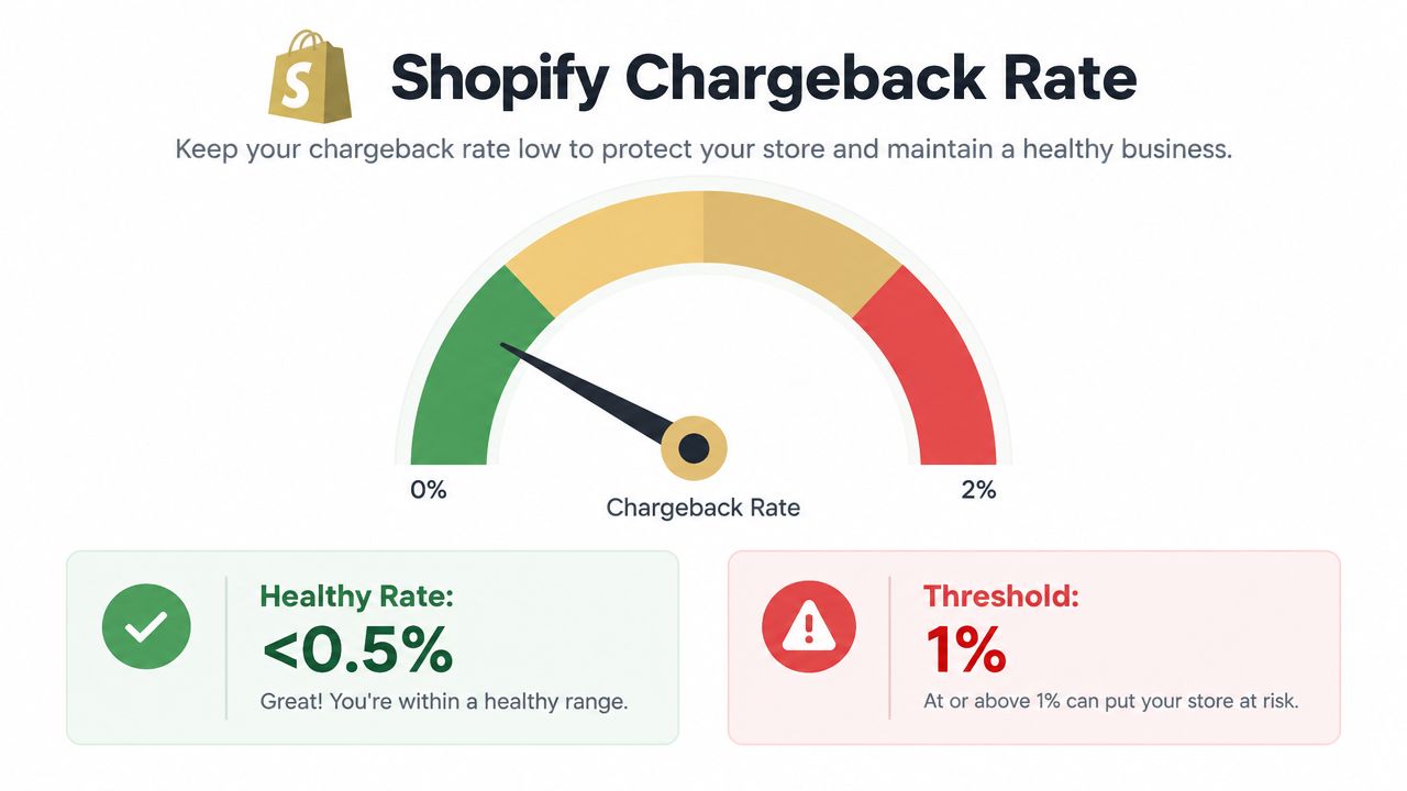 A speedometer-style infographic showing Shopify chargeback rate ranges from zero to two percent.