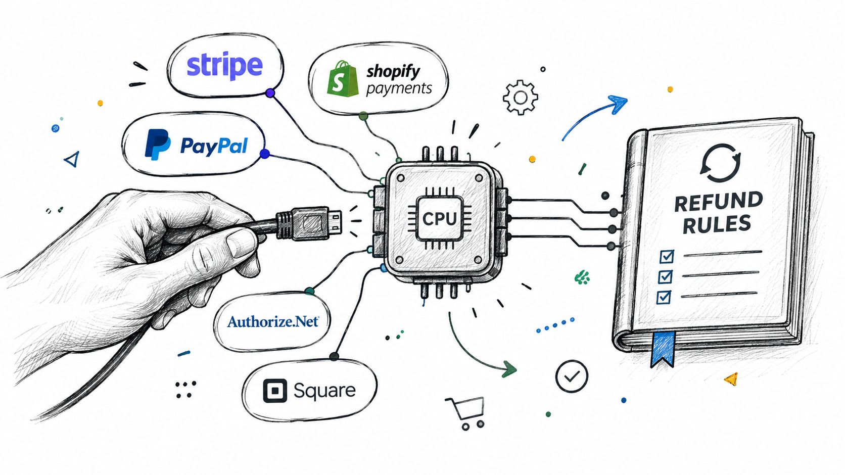 A conceptual illustration showing various payment gateways connecting to a CPU processed against refund rules.