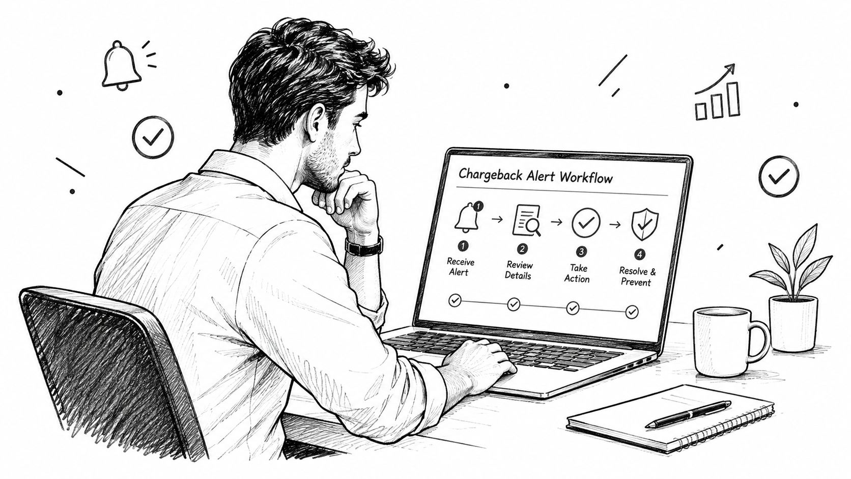 A professional man at a desk reviewing a four-step chargeback alert workflow on his laptop screen.