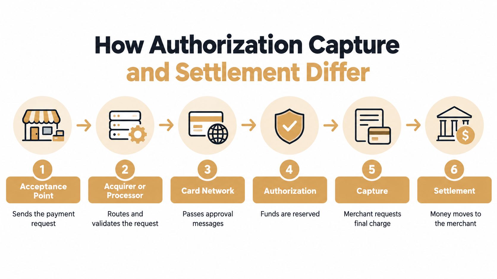 A six-step infographic explaining how payment authorization, capture, and settlement work in a card transaction process.
