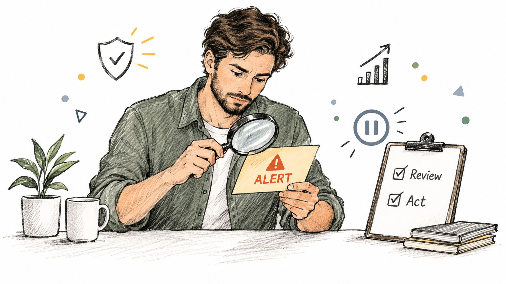 A man examines an alert notification with a magnifying glass while sitting at his office desk.