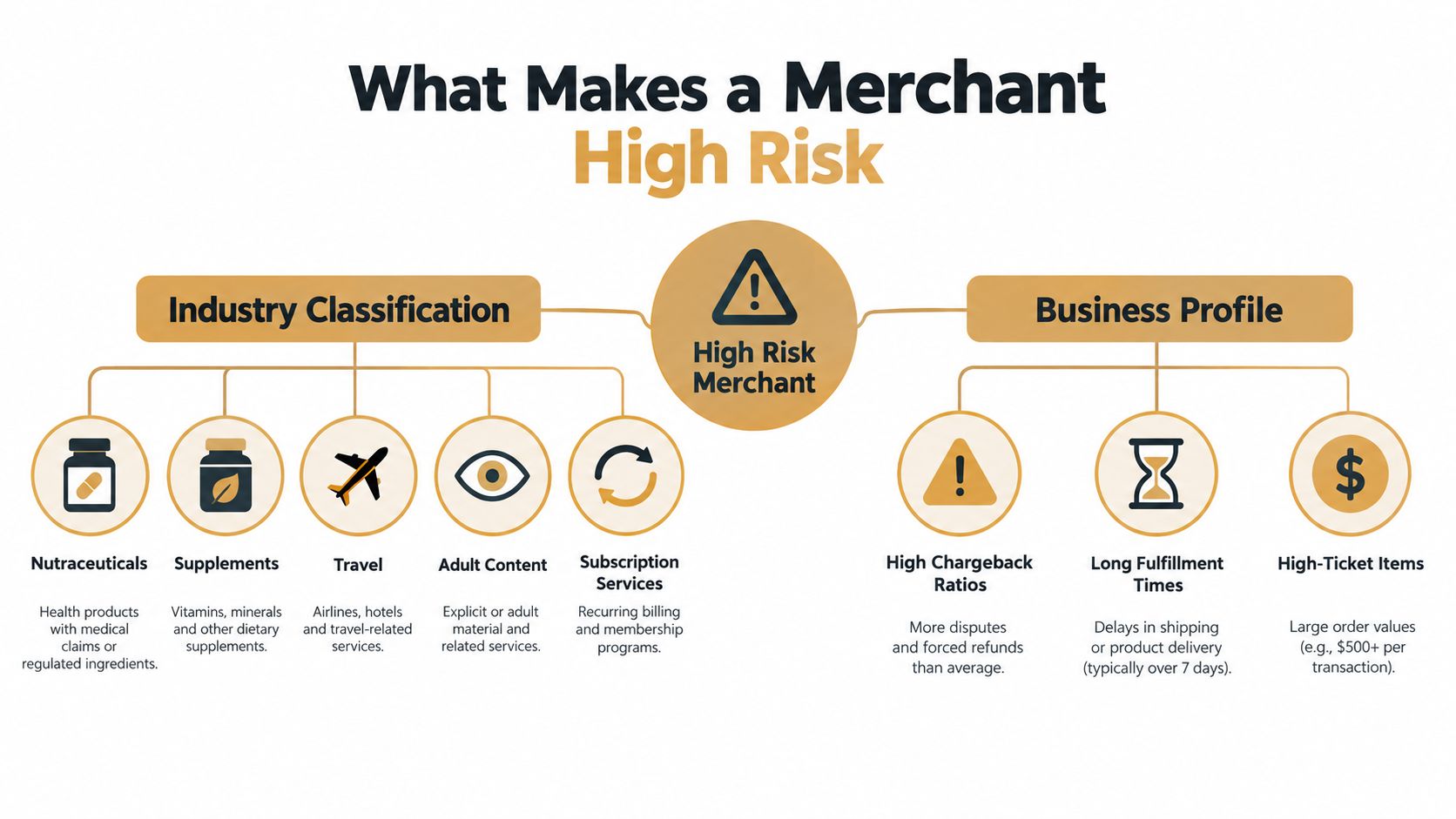 A diagram illustrating factors that determine if a business is classified as a high risk merchant.