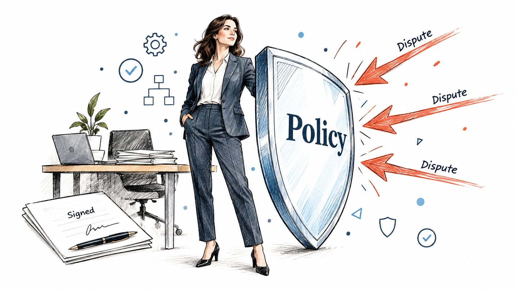 A professional woman in a suit stands behind a shield labeled Policy, blocking arrows representing various disputes.