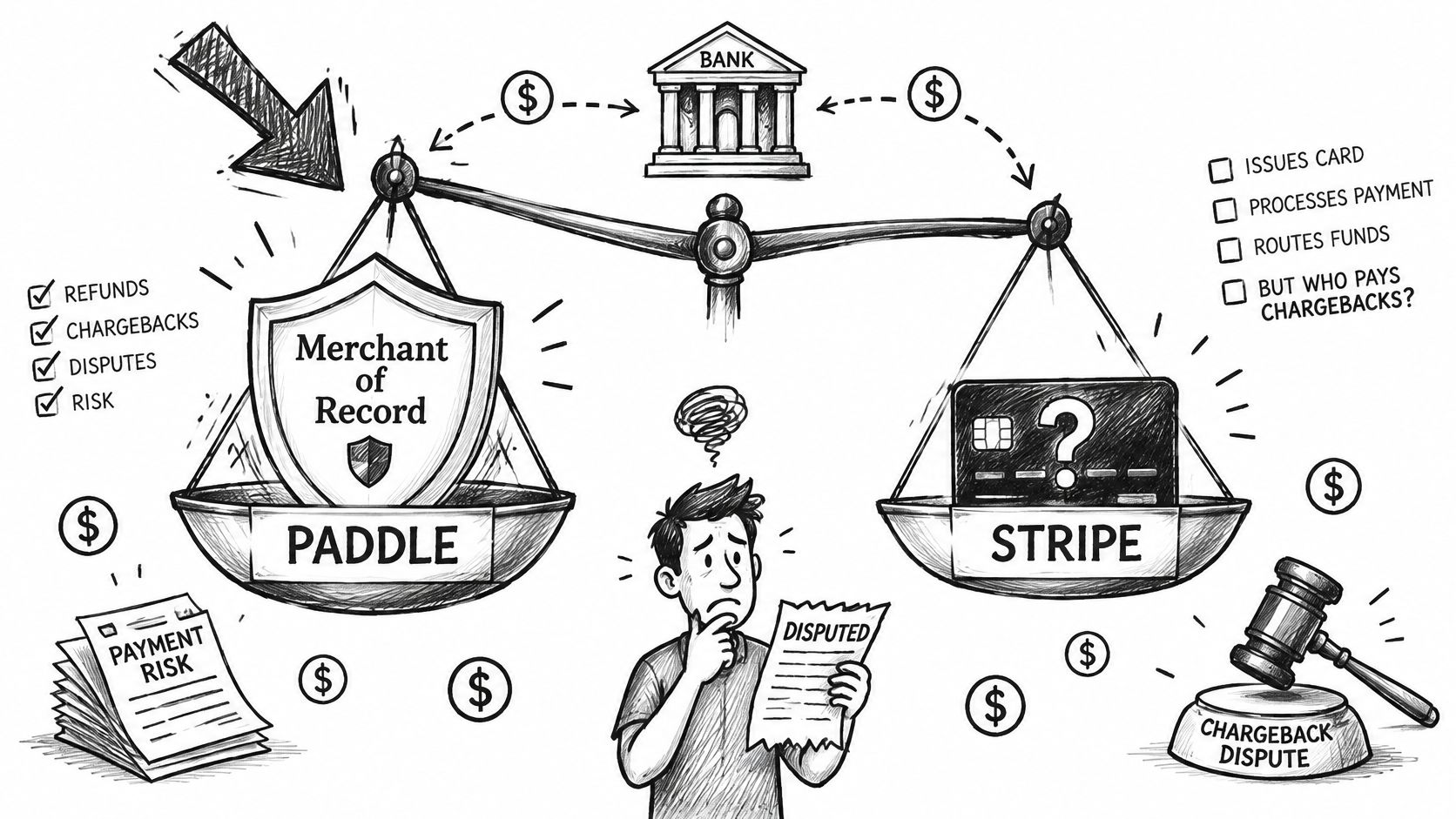 A hand-drawn illustration comparing Paddle and Stripe payment models, depicting risks, chargebacks, and financial liability on scales.