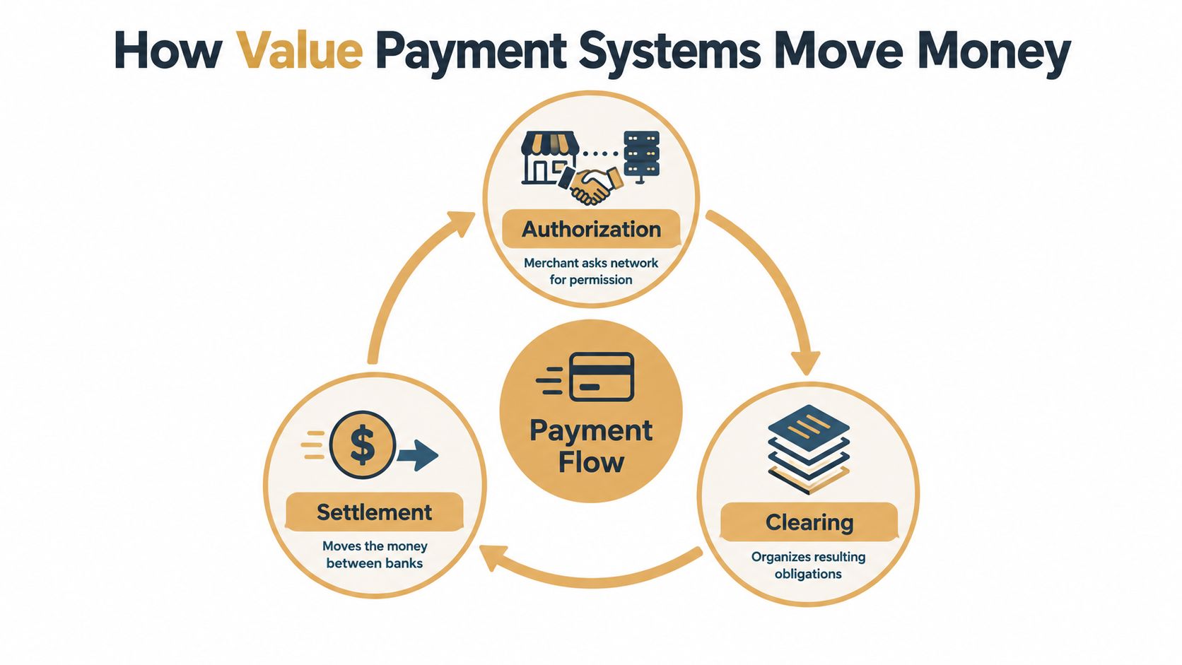 A diagram illustrating the three-step payment flow: Authorization, Clearing, and Settlement in a payment system.