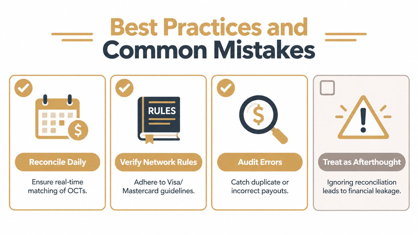 A professional infographic outlining best practices for financial reconciliation and common mistakes to avoid in transactions.