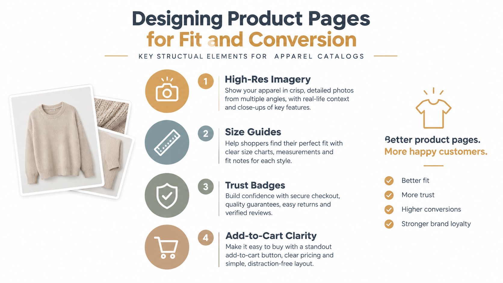 An infographic detailing four essential design elements for creating high-converting and fit-focused apparel product pages.
