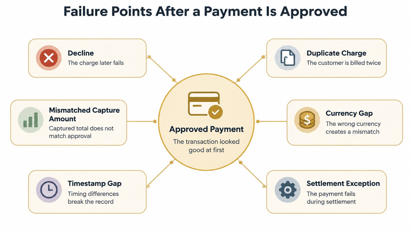 A diagram illustrating six common failure points that can occur after a payment transaction is initially approved.