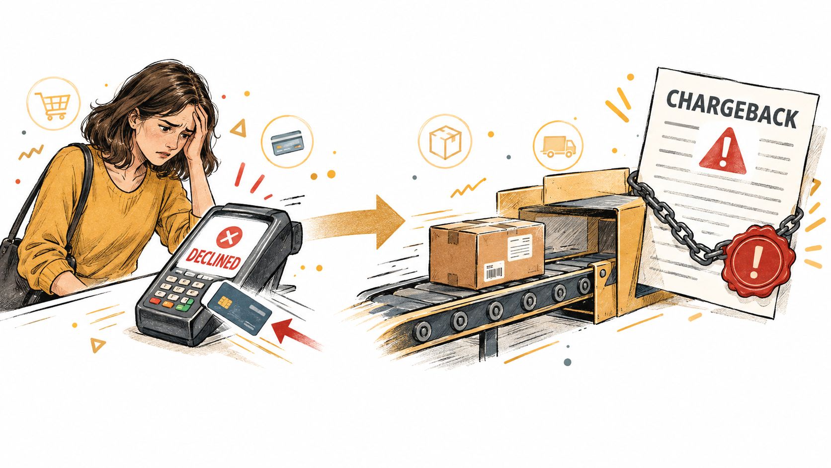 A distressed woman looking at a payment terminal showing a declined transaction alongside a chargeback document.