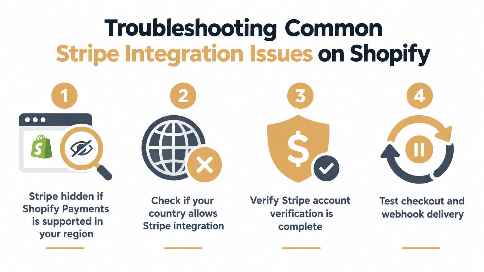 An infographic showing four steps to troubleshoot common Stripe integration issues with your Shopify store.