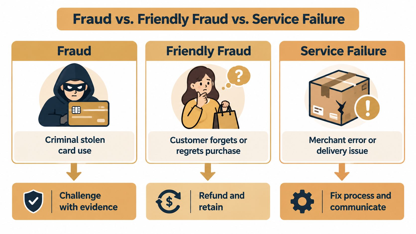 A diagram contrasting fraud, friendly fraud, and service failure with appropriate merchant resolution strategies for each case.