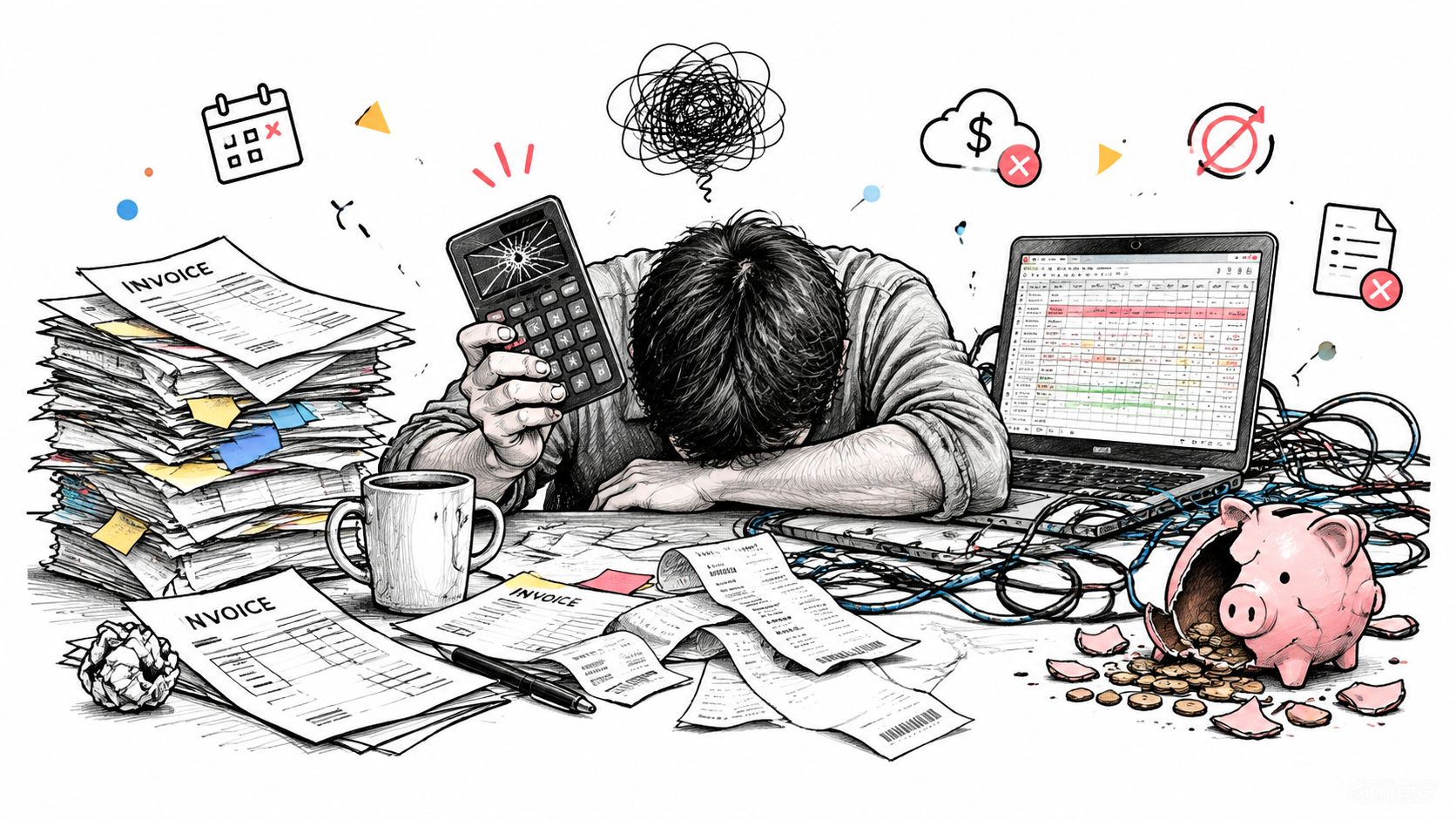A stressed accountant slumped over his messy desk covered in invoices, broken calculator, and smashed piggy bank.